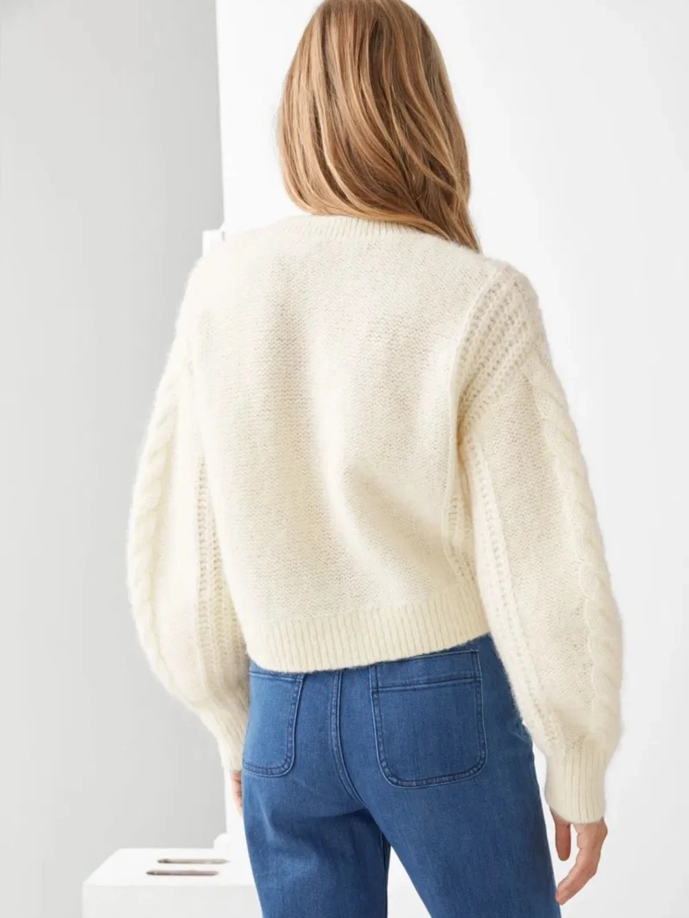 & Other Stories Cropped Cable Knit Wool Alpaca Cardigan Cream M
